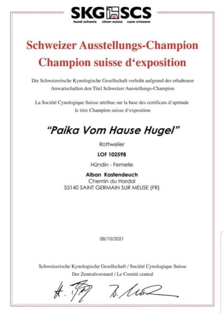 Vom Hause Hugel - Paika devient championne SUISSE d exposition 